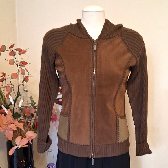 NWT Women's Brown Zip-Up Hooded Cardigan Knitwear Sweater 6 S - Picture 1 of 6